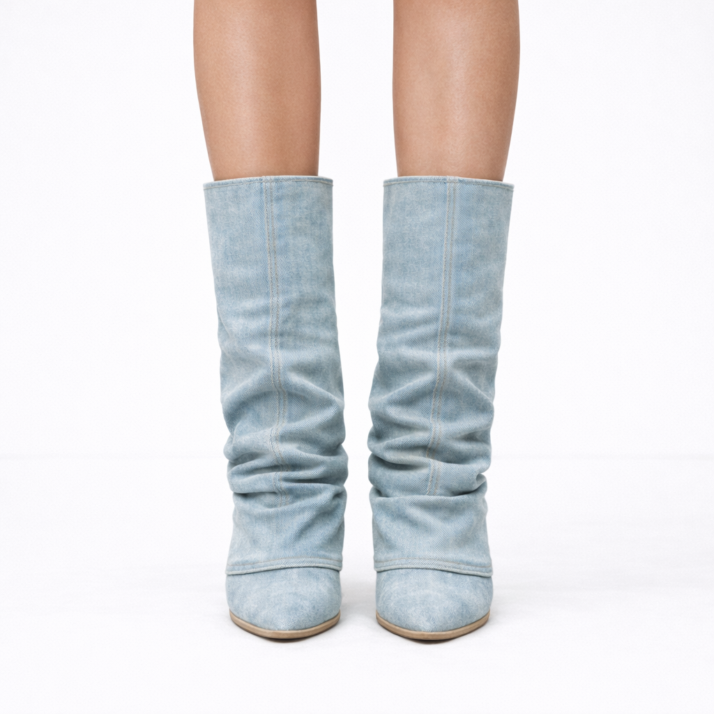 Amaya | Blue Denim Thigh-High Western Boots