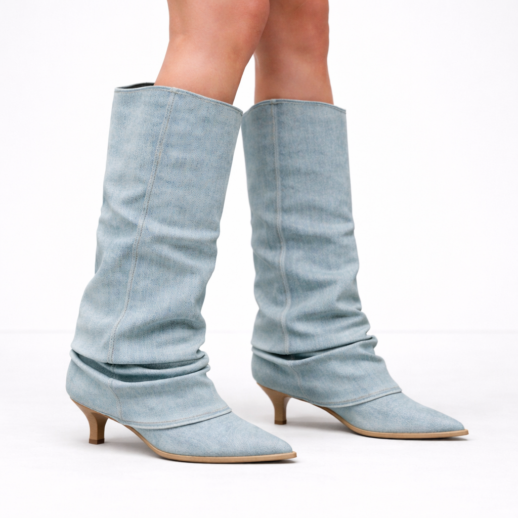 Amaya | Blue Denim Thigh-High Western Boots