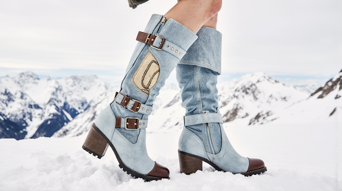 Denim knee-high boots with brown accents worn by a person in a snowy landscape